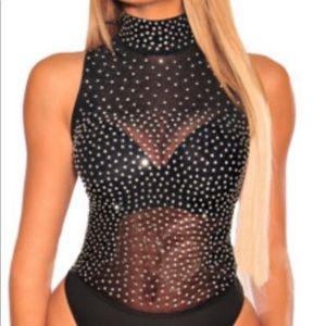 🎉2X HP🎉 Sheer Silver Rhinestone Mock Neck Bodysuit